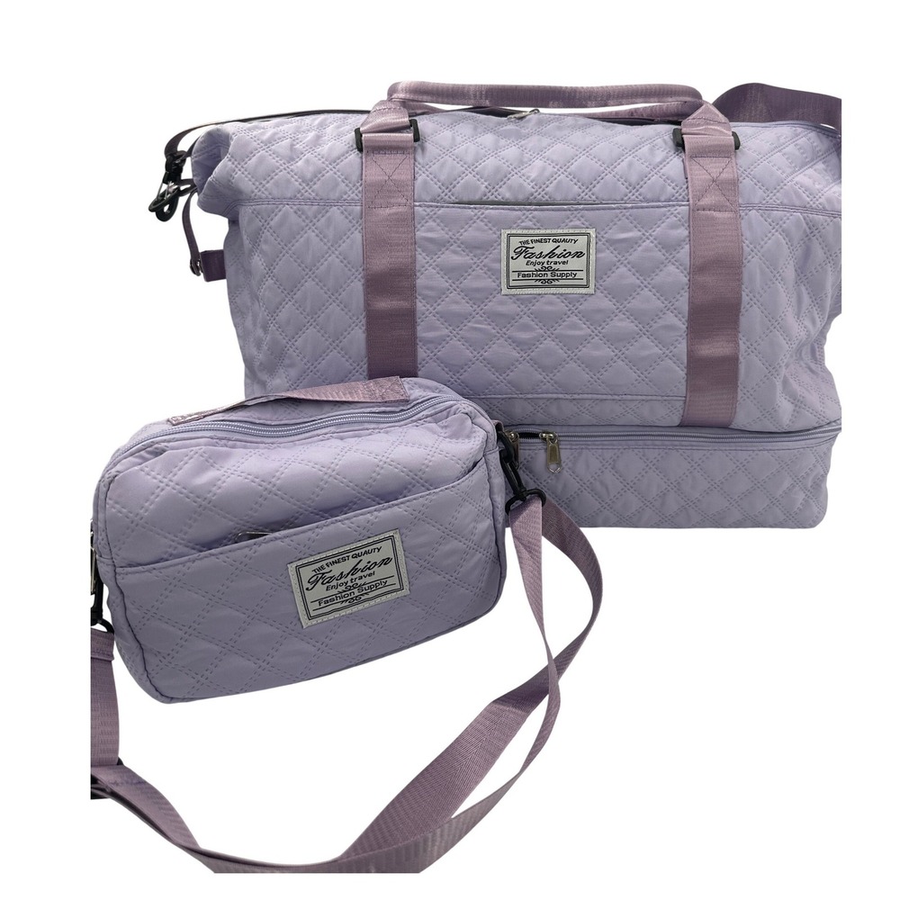 Fashion Supply Quilted Travel Duffel and Crossbody Bag Set Lavender Purple 2pc